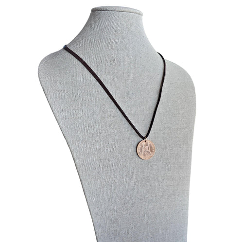 1967 British One Penny Brown Deerskin Leather Cord Necklace, Vintage England Coin, Made in USA, E. Ria Designs, Birthday Anniversary Gift