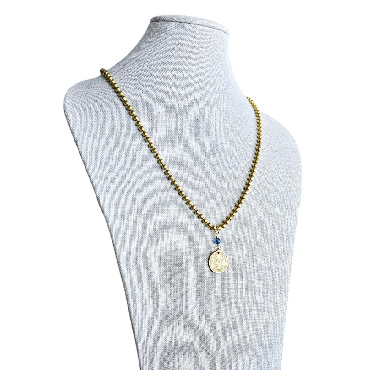 1990 Chile 10 Pesos Coin Necklace, Freed Angel, Blue Austrian Crystal Bead, Brass Ball Chain, E. Ria Designs, Made in USA, Gift Boxed