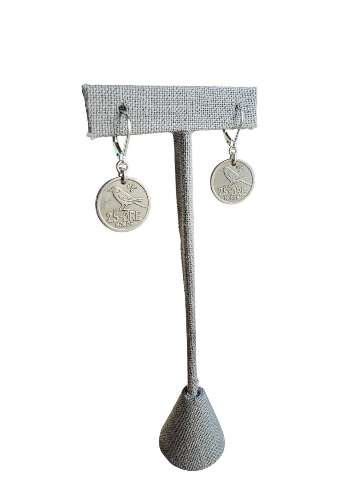Vintage Norway Bird Coin Earrings, .925 Sterling Silver Lever Back Earrings, 25 Ore, Handcrafted in USA, E. Ria Designs, Gift Box