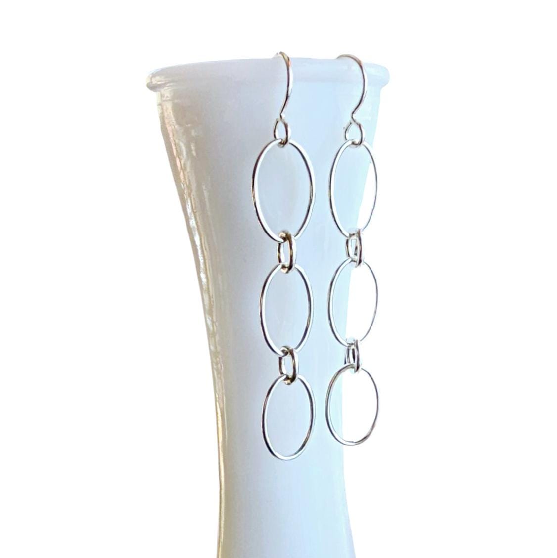 Silver Oval Long Chain Earrings, .925 Sterling Silver, French Ear Wires, Everyday Jewelry, Handmade in USA, Gift Boxed, E. Ria Designs