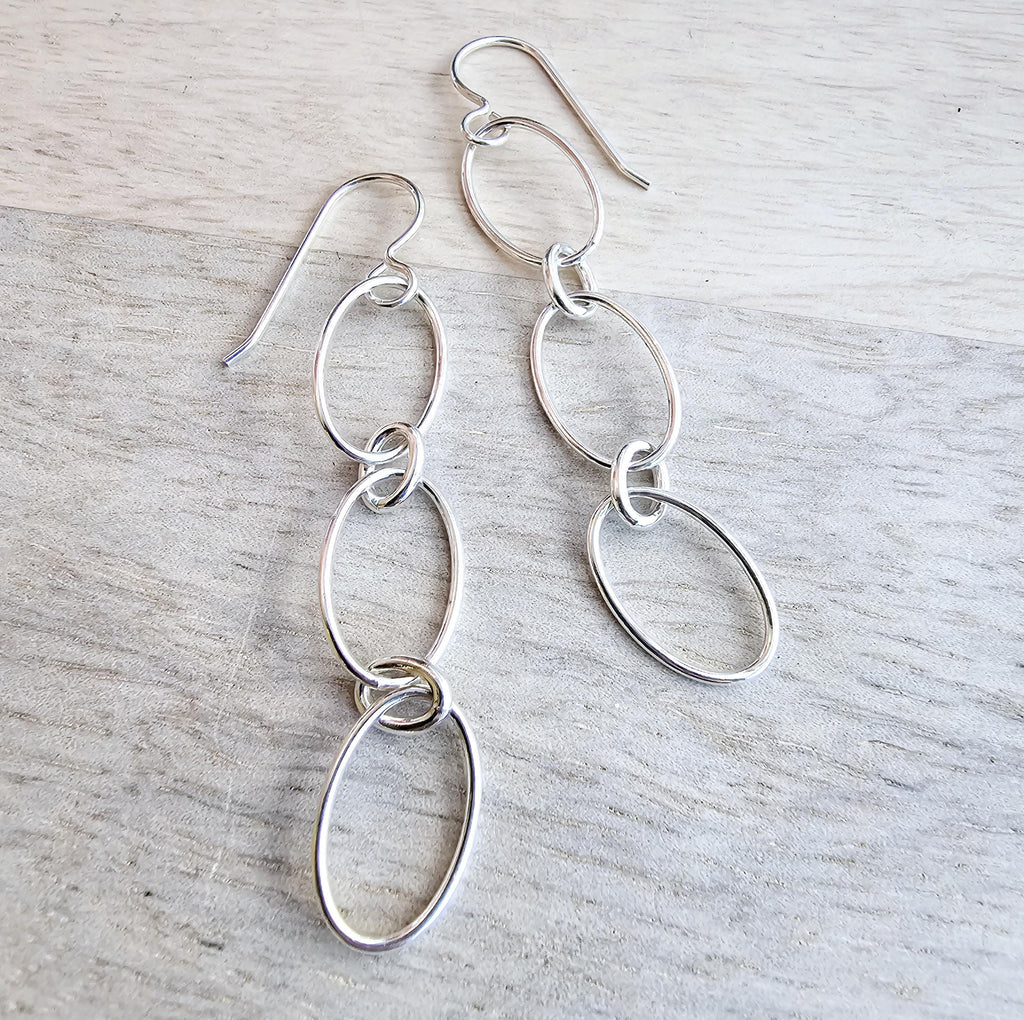 Silver Oval Long Chain Earrings, .925 Sterling Silver, French Ear Wires, Everyday Jewelry, Handmade in USA, Gift Boxed, E. Ria Designs