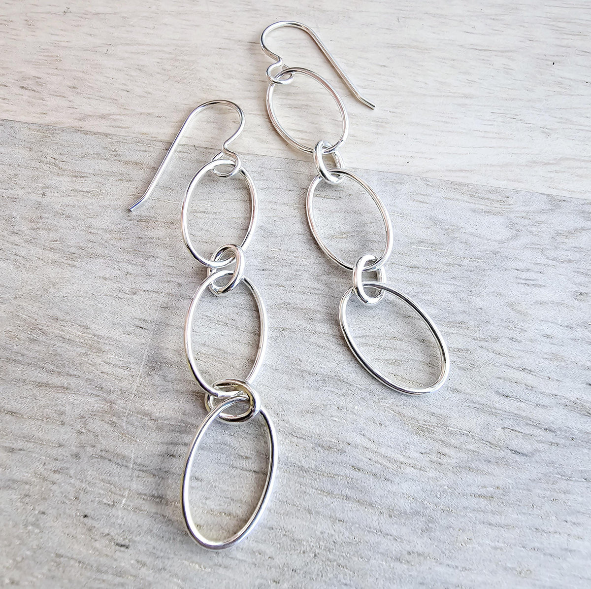 Silver Oval Long Chain Earrings, .925 Sterling Silver, French Ear Wires, Everyday Jewelry, Handmade in USA, Gift Boxed, E. Ria Designs