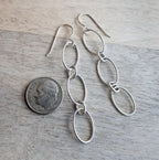 Silver Oval Long Chain Earrings, .925 Sterling Silver, French Ear Wires, Everyday Jewelry, Handmade in USA, Gift Boxed, E. Ria Designs