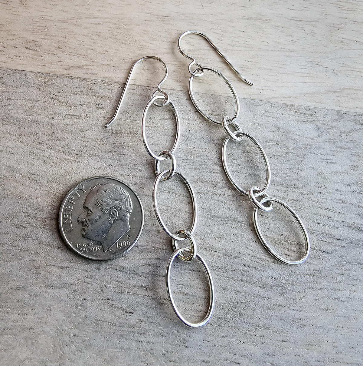 Silver Oval Long Chain Earrings, .925 Sterling Silver, French Ear Wires, Everyday Jewelry, Handmade in USA, Gift Boxed, E. Ria Designs