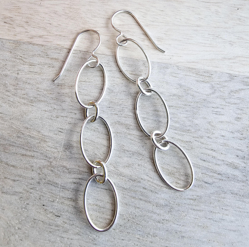 Silver Oval Long Chain Earrings, .925 Sterling Silver, French Ear Wires, Everyday Jewelry, Handmade in USA, Gift Boxed, E. Ria Designs