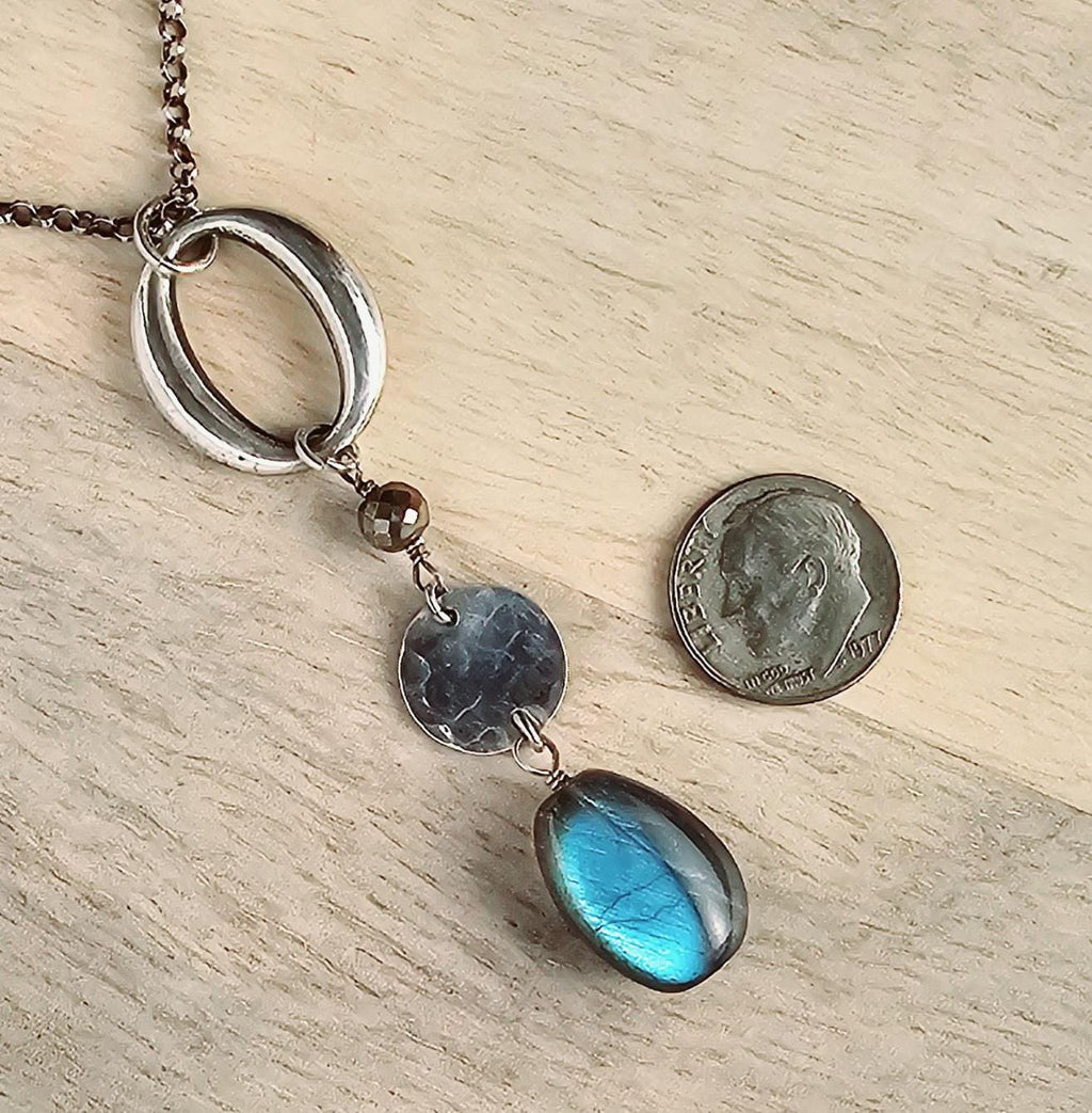Labradorite, Pyrite, Oxidized .925 Sterling Silver Pendant Necklace, Anniversary Birthday Gift, Rolo Chain, Gift Boxed, Made in USA