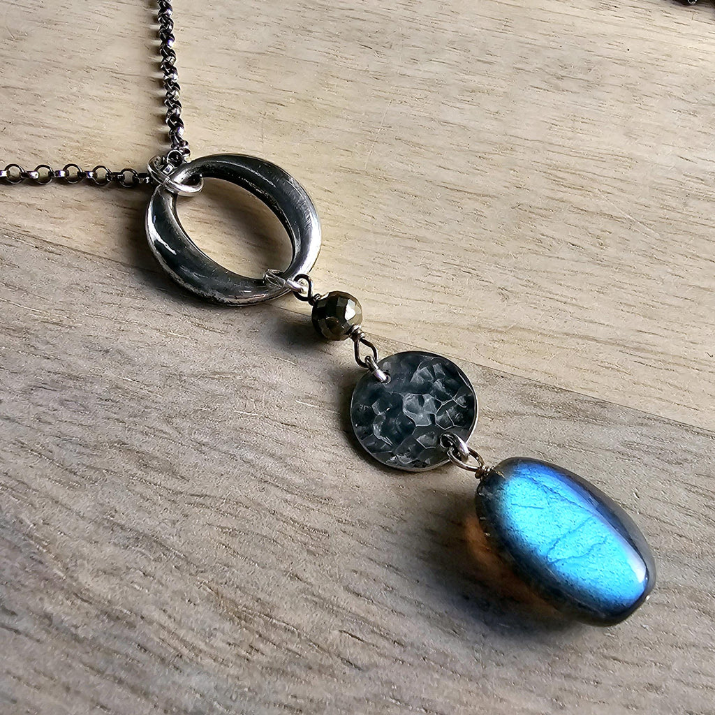 Labradorite, Pyrite, Oxidized .925 Sterling Silver Pendant Necklace, Anniversary Birthday Gift, Rolo Chain, Gift Boxed, Made in USA