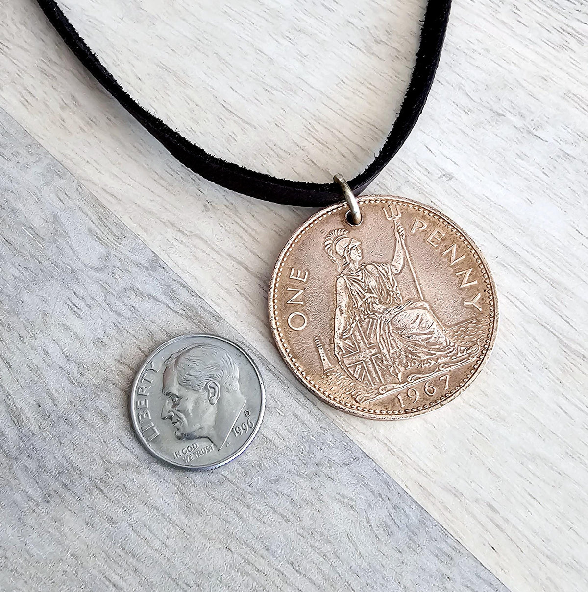 1967 British One Penny Brown Deerskin Leather Cord Necklace, Vintage England Coin, Made in USA, E. Ria Designs, Birthday Anniversary Gift