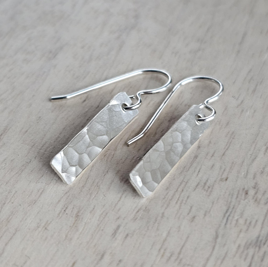 Minimalist Hammered Sterling Silver Bar Drop Earrings, Everyday Jewelry, .925, Handmade in USA, Gift Boxed, E. Ria Designs