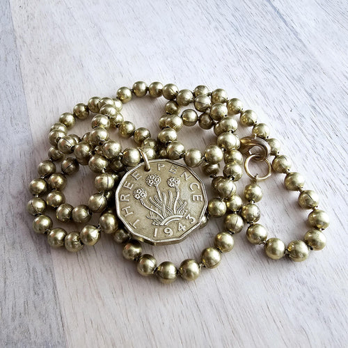 1943 Three Pence Coin Necklace, England Great Britain Flower Coin, Brass Ball Chain, Made in USA, Vintage Coin Jewelry by E. Ria Designs