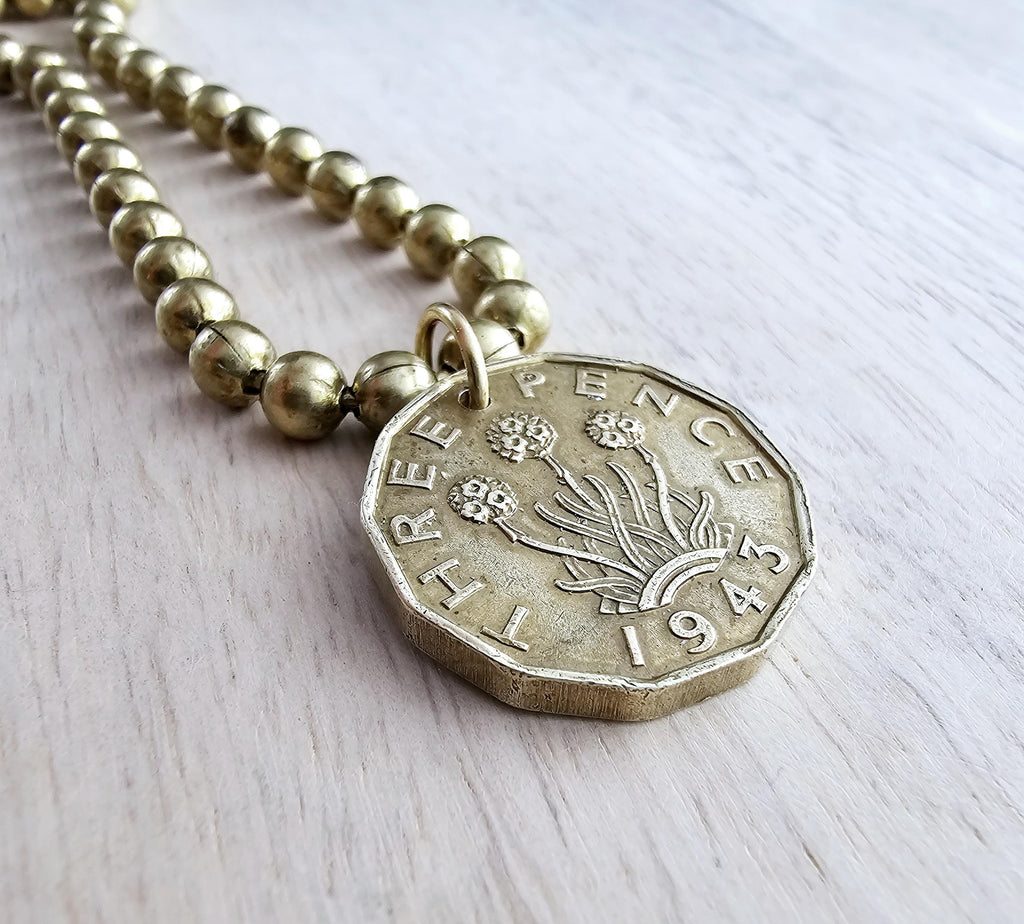 1943 Three Pence Coin Necklace, England Great Britain Flower Coin, Brass Ball Chain, Made in USA, Vintage Coin Jewelry by E. Ria Designs