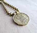 1943 Three Pence Coin Necklace, England Great Britain Flower Coin, Brass Ball Chain, Made in USA, Vintage Coin Jewelry by E. Ria Designs