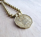 1943 Three Pence Coin Necklace, England Great Britain Flower Coin, Brass Ball Chain, Made in USA, Vintage Coin Jewelry by E. Ria Designs