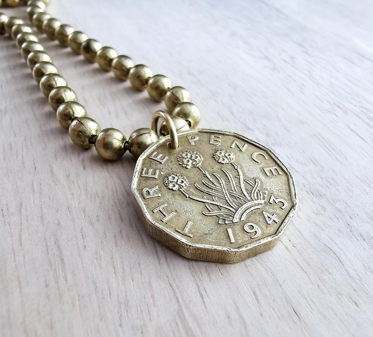 1943 Three Pence Coin Necklace, England Great Britain Flower Coin, Brass Ball Chain, Made in USA, Vintage Coin Jewelry by E. Ria Designs