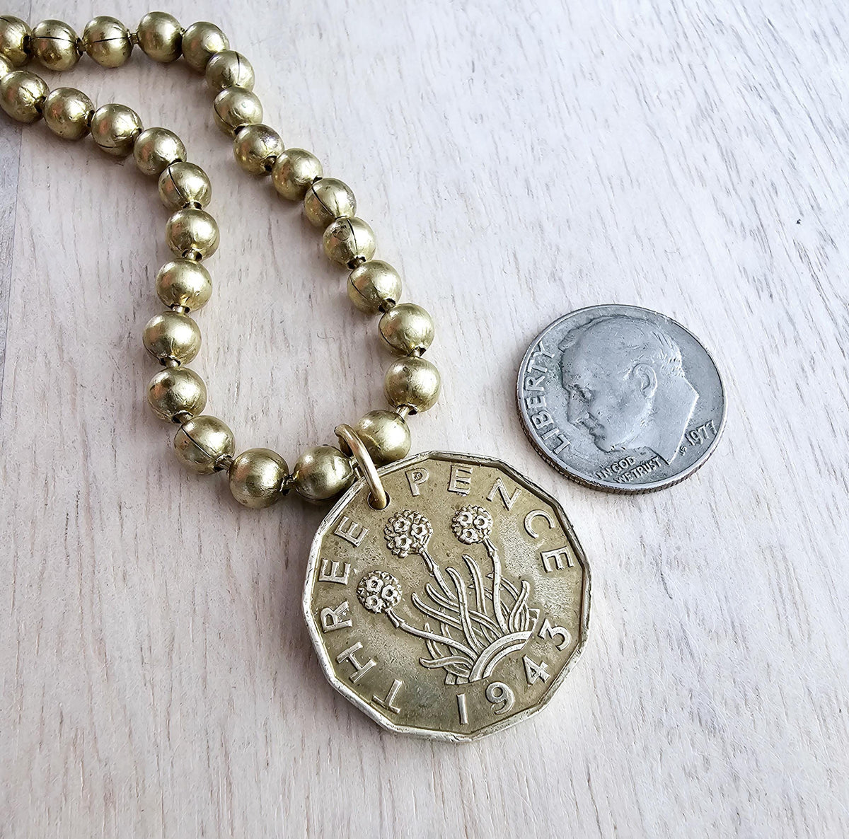 1943 Three Pence Coin Necklace, England Great Britain Flower Coin, Brass Ball Chain, Made in USA, Vintage Coin Jewelry by E. Ria Designs