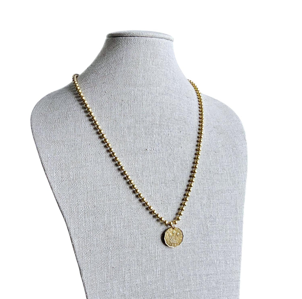 1943 Three Pence Coin Necklace, England Great Britain Flower Coin, Brass Ball Chain, Made in USA, Vintage Coin Jewelry by E. Ria Designs