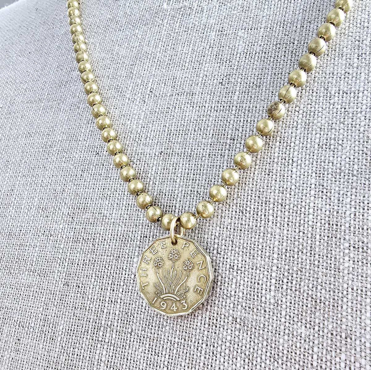 1943 Three Pence Coin Necklace, England Great Britain Flower Coin, Brass Ball Chain, Made in USA, Vintage Coin Jewelry by E. Ria Designs