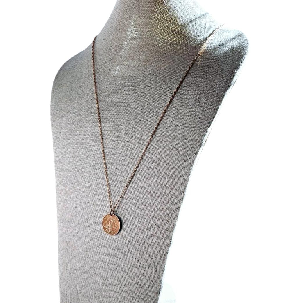 1966 Half Penny British Coin Necklace, Red Brass Figure Eight Chain, Copper England Ship Coin, Made in USA, E. Ria Designs, Gift Boxed