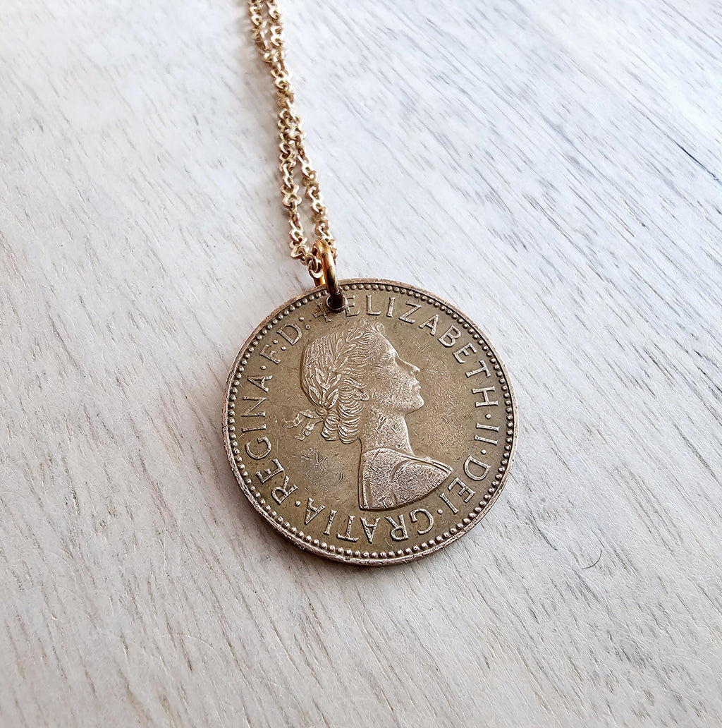 1966 Half Penny British Coin Necklace, Red Brass Figure Eight Chain, Copper England Ship Coin, Made in USA, E. Ria Designs, Gift Boxed