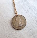 1966 Half Penny British Coin Necklace, Red Brass Figure Eight Chain, Copper England Ship Coin, Made in USA, E. Ria Designs, Gift Boxed