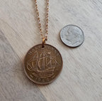 1966 Half Penny British Coin Necklace, Red Brass Figure Eight Chain, Copper England Ship Coin, Made in USA, E. Ria Designs, Gift Boxed