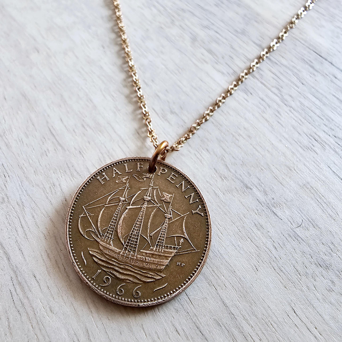 1966 Half Penny British Coin Necklace, Red Brass Figure Eight Chain, Copper England Ship Coin, Made in USA, E. Ria Designs, Gift Boxed