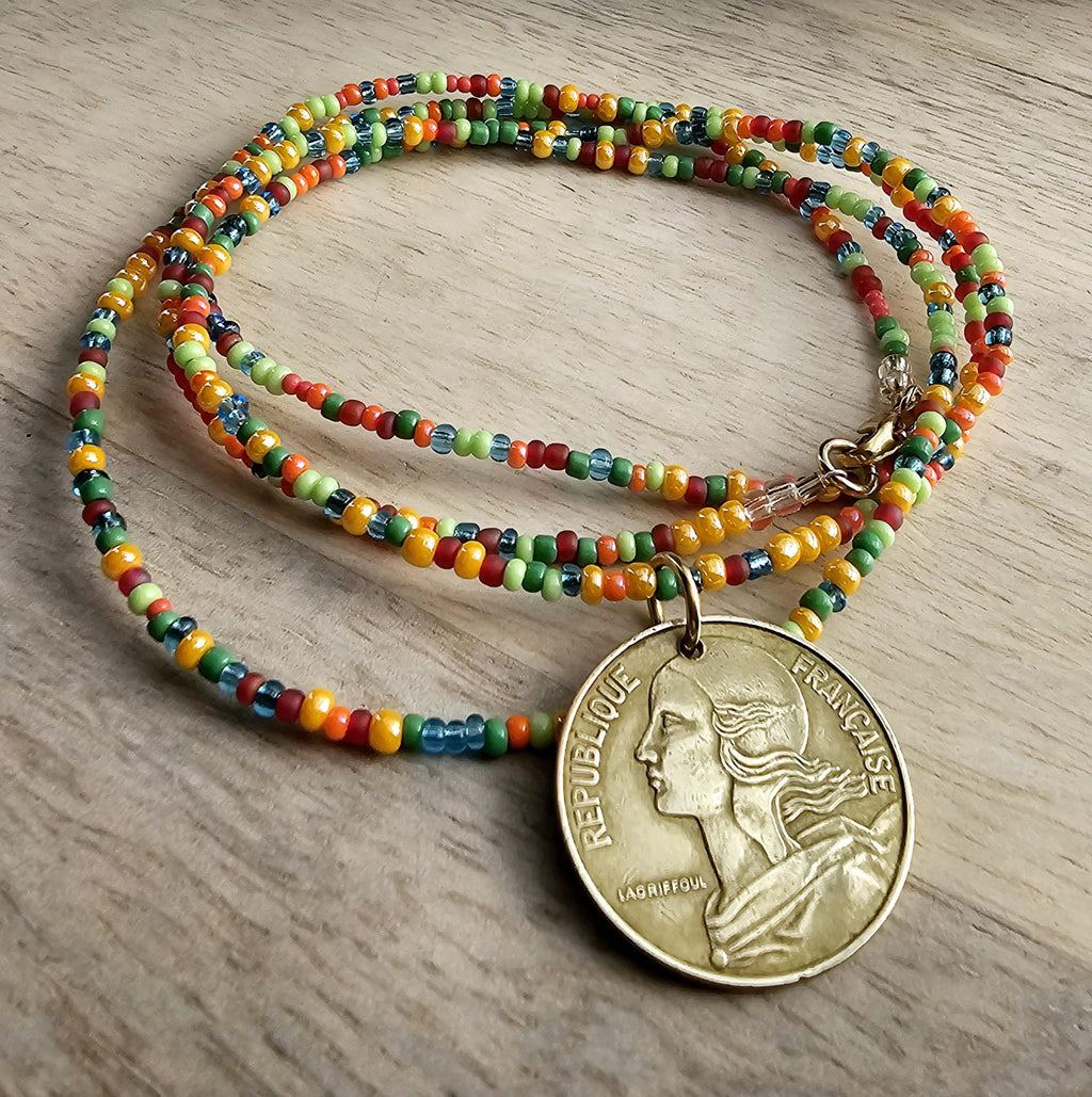 French 20 Centimes Coin Necklace, Multi-Colored Glass Seed Bead Chain, 14K Gold Filled Clasp, Gift Boxed, Made in USA by E. Ria Designs
