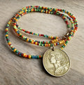 French 20 Centimes Coin Necklace, Multi-Colored Glass Seed Bead Chain, 14K Gold Filled Clasp, Gift Boxed, Made in USA by E. Ria Designs