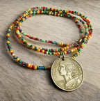 French 20 Centimes Coin Necklace, Multi-Colored Glass Seed Bead Chain, 14K Gold Filled Clasp, Gift Boxed, Made in USA by E. Ria Designs