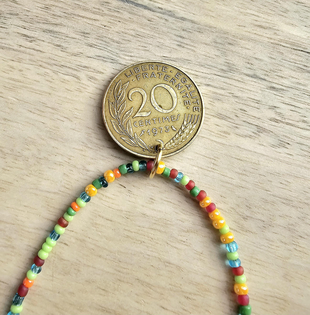 French 20 Centimes Coin Necklace, Multi-Colored Glass Seed Bead Chain, 14K Gold Filled Clasp, Gift Boxed, Made in USA by E. Ria Designs