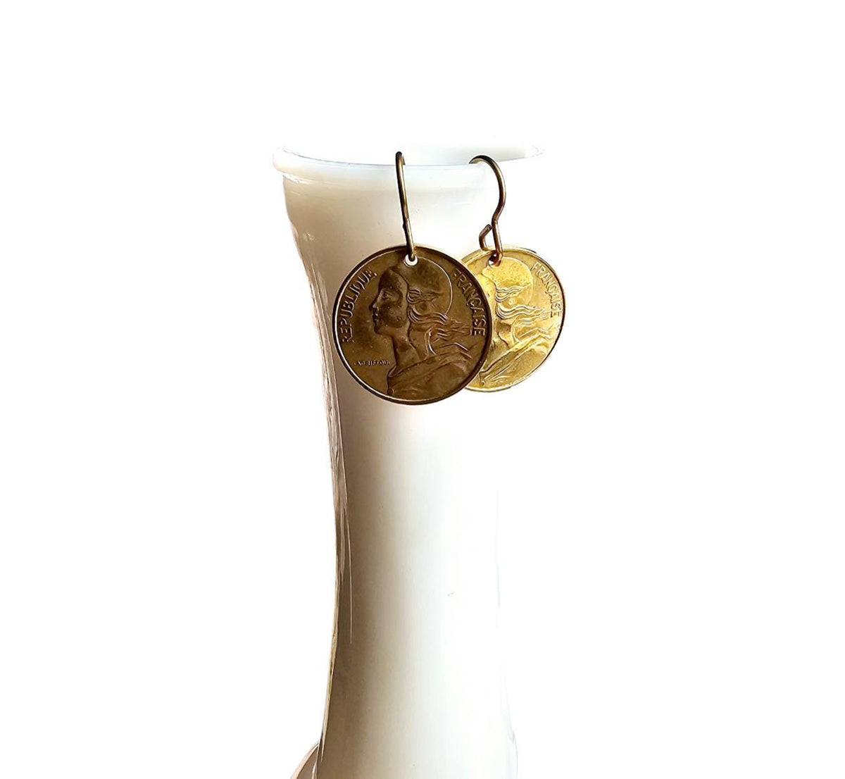 French Coin Earrings, Marianne's Profile Gold France Five Centimes and Brass Ear Wire, Handcrafted in USA by E. Ria Designs