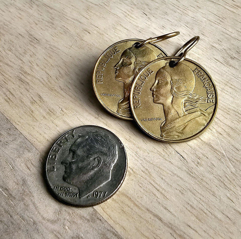 French Coin Earrings, Marianne's Profile Gold France Five Centimes and Brass Ear Wire, Handcrafted in USA by E. Ria Designs