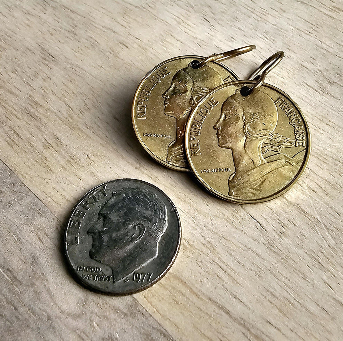 French Coin Earrings, Marianne's Profile Gold France Five Centimes and Brass Ear Wire, Handcrafted in USA by E. Ria Designs