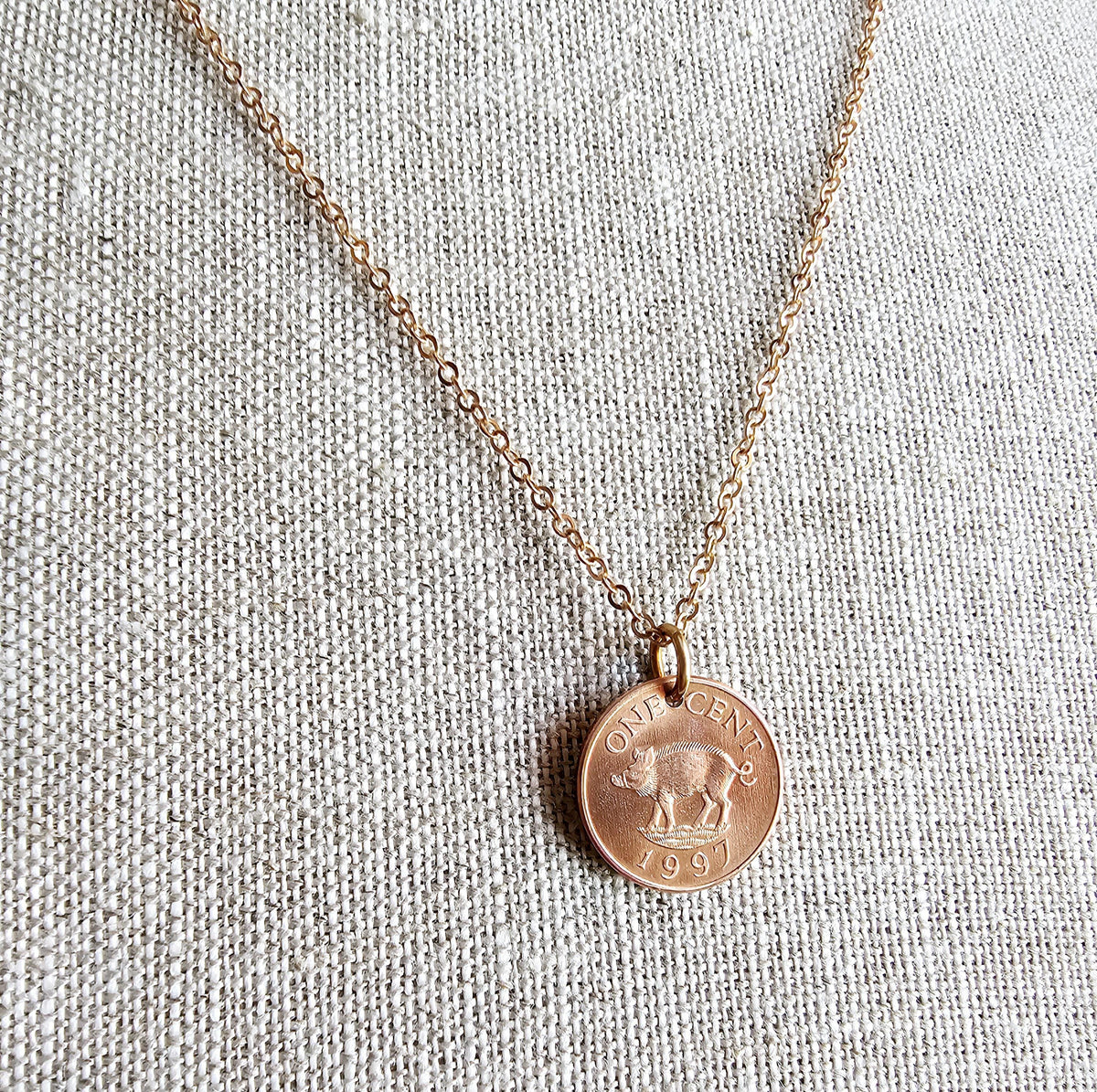 Vintage Pig Coin Necklace, 1997 Bermuda One Cent Coin, Old Coin Jewelry, Brass Cable Chain, Lobster Claw, Handcrafted in USA, Gift Boxed