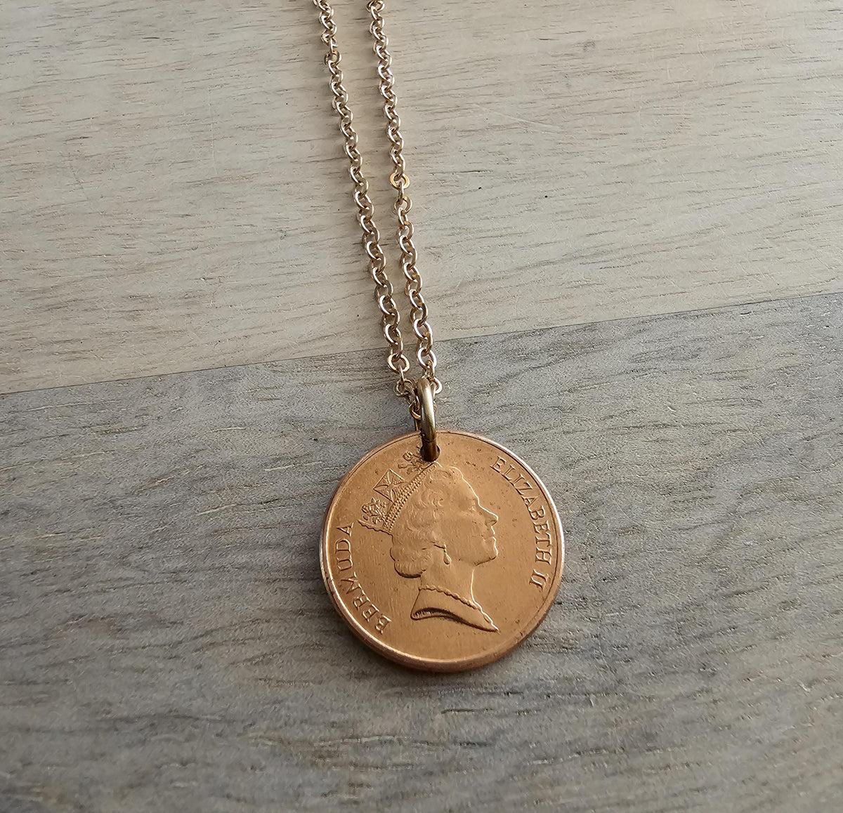 Vintage Pig Coin Necklace, 1997 Bermuda One Cent Coin, Old Coin Jewelry, Brass Cable Chain, Lobster Claw, Handcrafted in USA, Gift Boxed