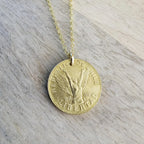 Vintage Chile 10 Pesos Freed Winged Woman Coin Necklace, 14K GF Cable Chain, Made in USA, E. Ria Designs, Victory Celebration Gift Boxed
