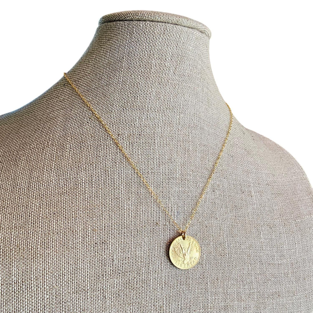 Vintage Chile 10 Pesos Freed Winged Woman Coin Necklace, 14K GF Cable Chain, Made in USA, E. Ria Designs, Victory Celebration Gift Boxed