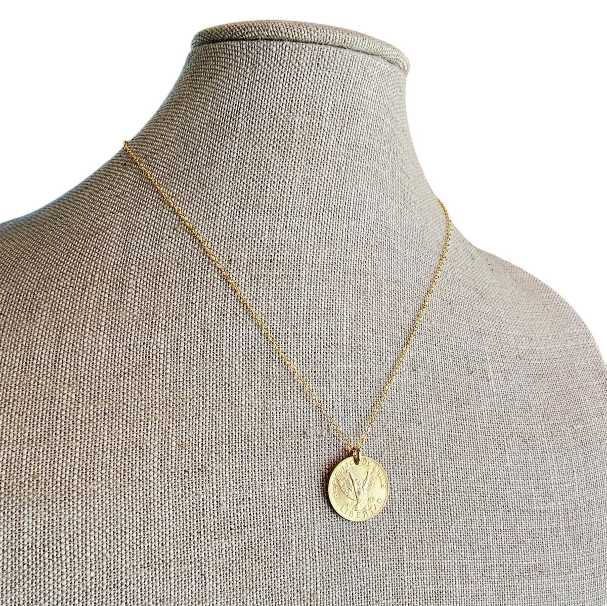 Vintage Chile 10 Pesos Freed Winged Woman Coin Necklace, 14K GF Cable Chain, Made in USA, E. Ria Designs, Victory Celebration Gift Boxed