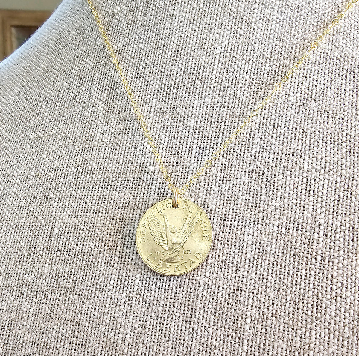 Vintage Chile 10 Pesos Freed Winged Woman Coin Necklace, 14K GF Cable Chain, Made in USA, E. Ria Designs, Victory Celebration Gift Boxed