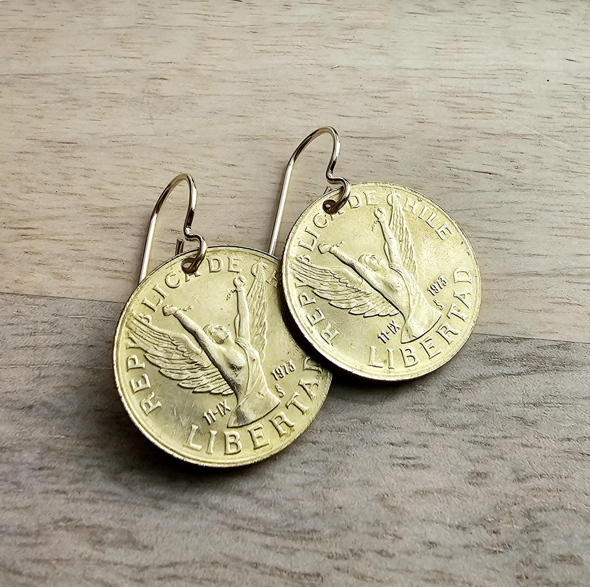 Winged Woman Chile Coin Earrings, 14K Gold Filled Ear Wire, Victory, Freedom, Made in USA, Gift Boxed, Feminist Jewelry, Chilena