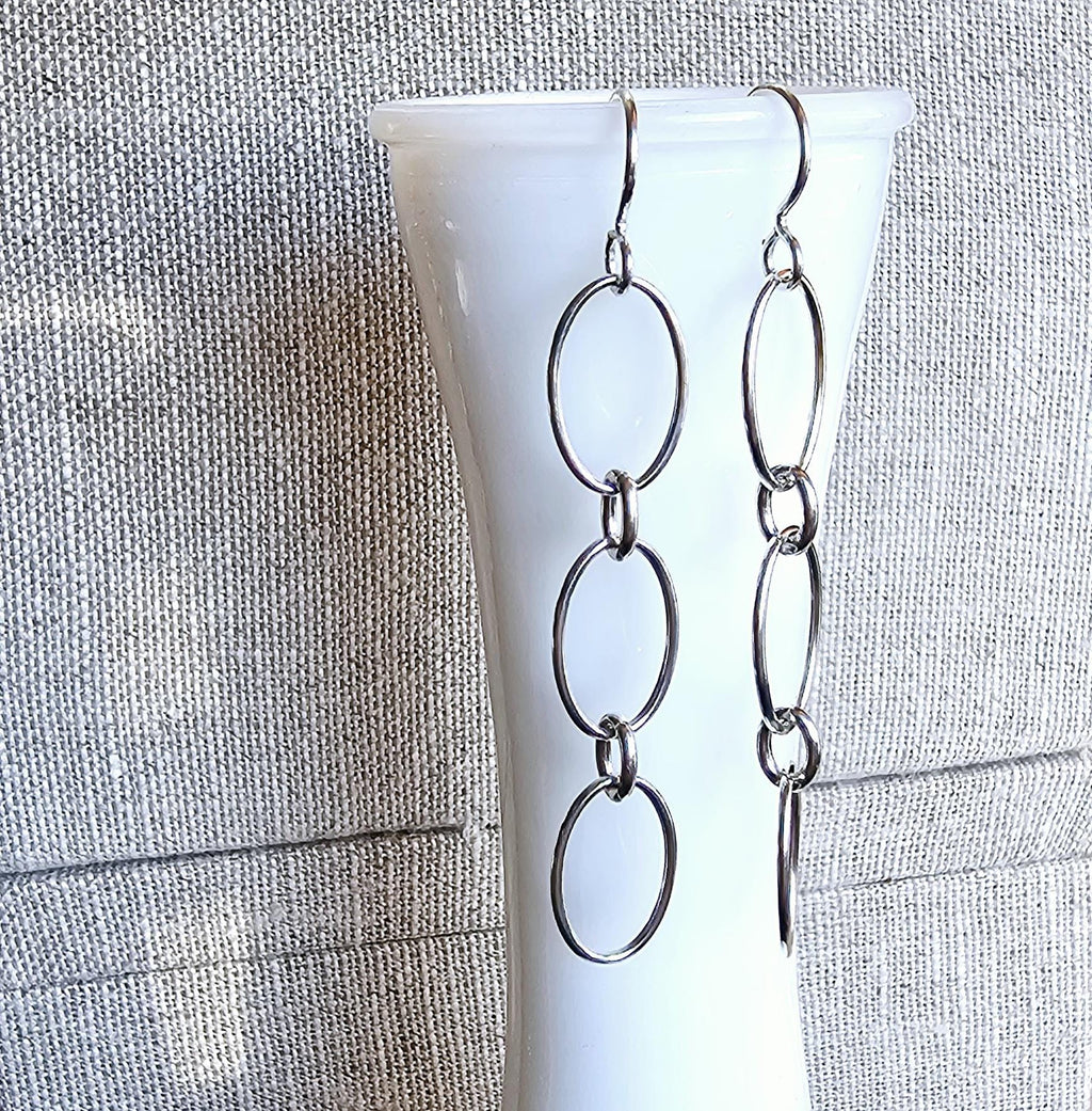 Silver Oval Long Chain Earrings, .925 Sterling Silver, French Ear Wires, Everyday Jewelry, Handmade in USA, Gift Boxed, E. Ria Designs