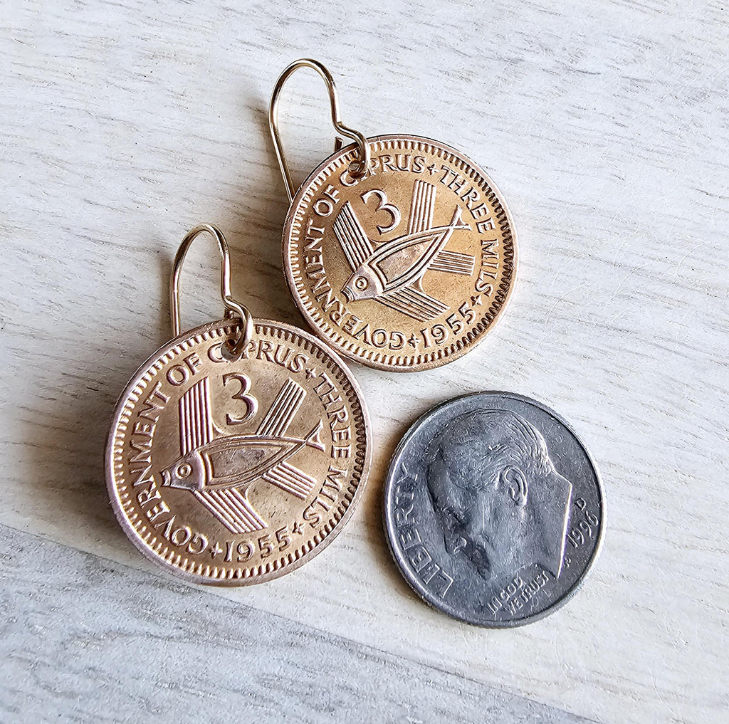 1955 Cyprus Vintage Coin Earrings, QEII, Stylized Fish Bronze Jewelry, Bronze Ear Wires, Gift Boxed, Made in USA, 3 Mils, Handcrafted