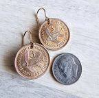 1955 Cyprus Vintage Coin Earrings, QEII, Stylized Fish Bronze Jewelry, Bronze Ear Wires, Gift Boxed, Made in USA, 3 Mils, Handcrafted