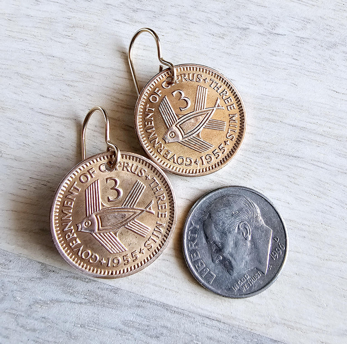 1955 Cyprus Vintage Coin Earrings, QEII, Stylized Fish Bronze Jewelry, Bronze Ear Wires, Gift Boxed, Made in USA, 3 Mils, Handcrafted