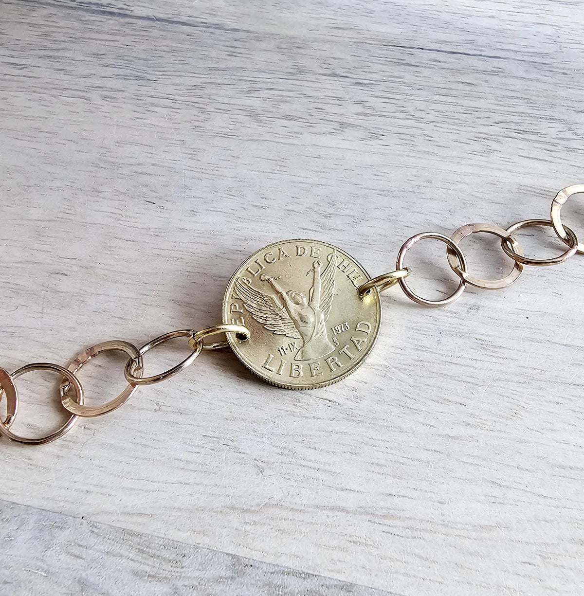 Vintage Chile 10 Pesos Freed Winged Woman Coin Bracelet, Solid Brass Circle Link Chain, Made in USA, E. Ria Designs, Victory, Gift Boxed