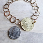 Vintage Chile 10 Pesos Freed Winged Woman Coin Bracelet, Solid Brass Circle Link Chain, Made in USA, E. Ria Designs, Victory, Gift Boxed