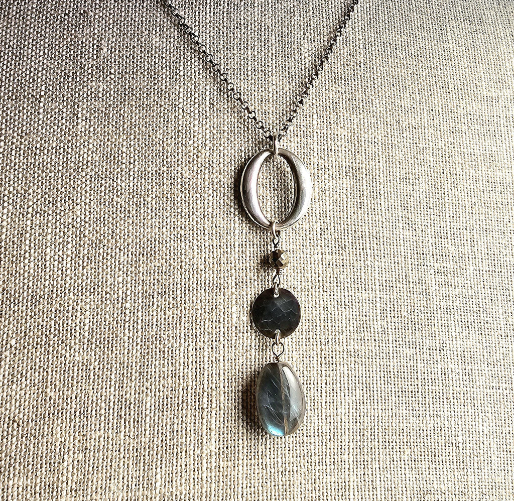 Labradorite, Pyrite, Oxidized .925 Sterling Silver Pendant Necklace, Anniversary Birthday Gift, Rolo Chain, Gift Boxed, Made in USA