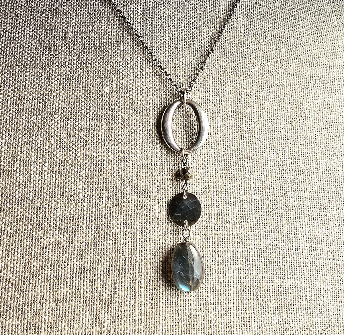 Labradorite, Pyrite, Oxidized .925 Sterling Silver Pendant Necklace, Anniversary Birthday Gift, Rolo Chain, Gift Boxed, Made in USA