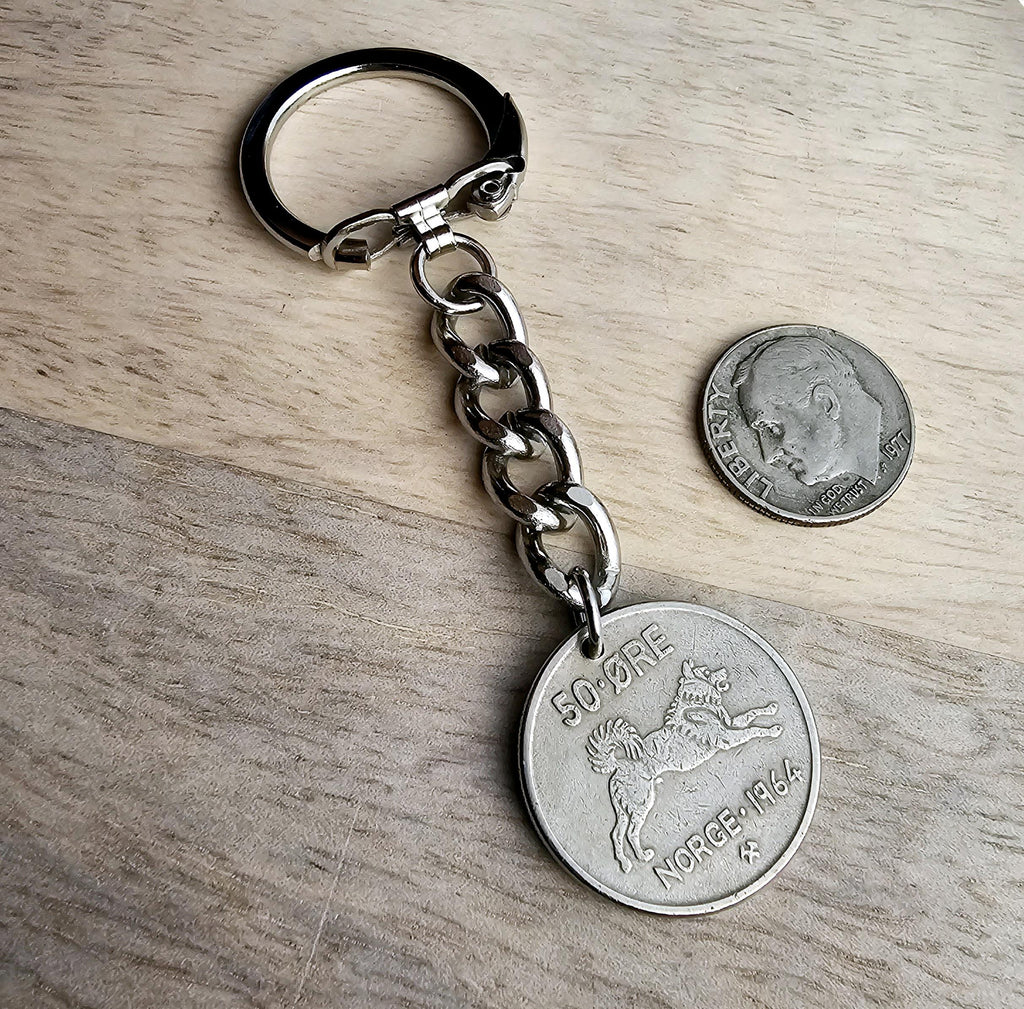 Dog Keychain, Norway 50 Ore Norge Coin, Dates Vary, Silver Keyring, Norwegian, Dog Lover Guy Gift, Dad, Brother, Boyfriend, E. Ria Designs