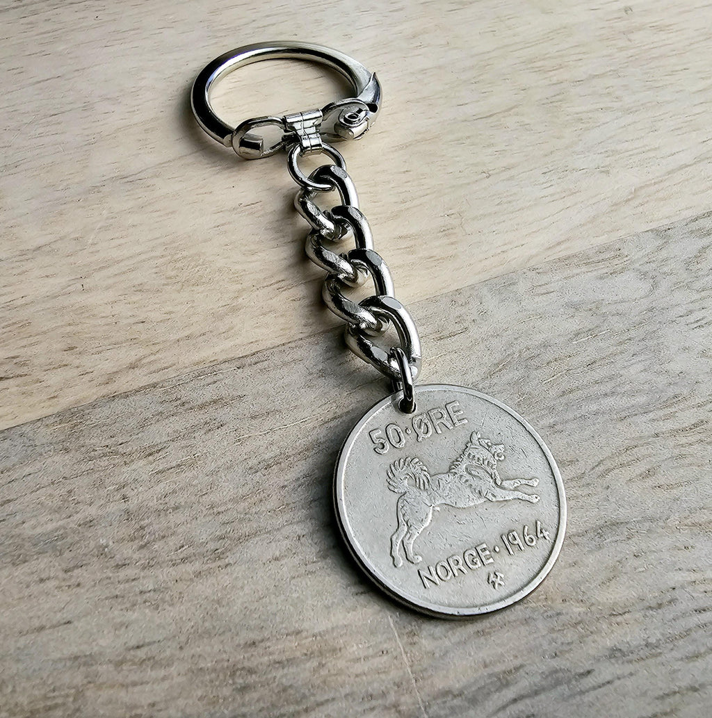 Dog Keychain, Norway 50 Ore Norge Coin, Dates Vary, Silver Keyring, Norwegian, Dog Lover Guy Gift, Dad, Brother, Boyfriend, E. Ria Designs